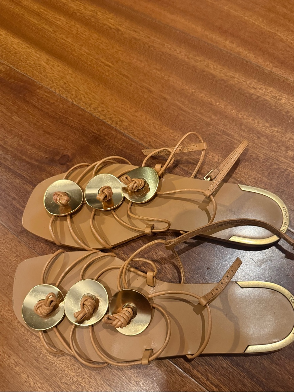 Tory Burch Strappy Tan Leather Sandals with Gold Disc Accents
